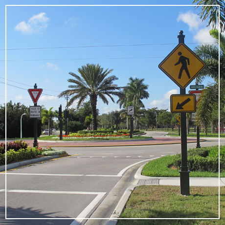 Pictured is a roundabout at Bonaventure Boulevard and Saddle Club Road, one of several roundabouts located in the City of Weston