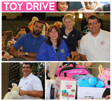 Collage photo of toys from toy drive and staff collecting them