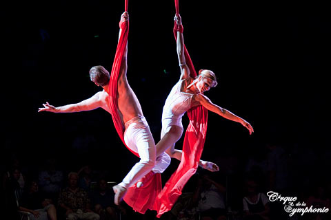 Cirque de la Symphonie performers perform acrobatics on the silks