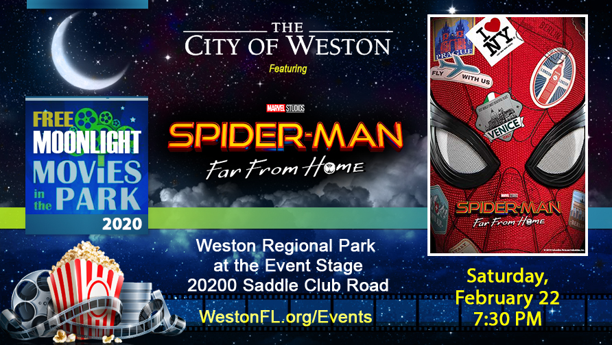 City of Weston - FREE Moonlight Movies in the Park 2020 Flyer; featuring Spiderman Far From Home Movie Poster