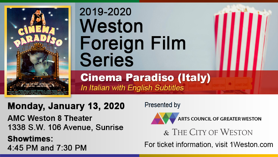 City of Weston Foreign Flim Series Poster of Italian Movie "Cinema Paradiso" with Movie poster, time and place of event