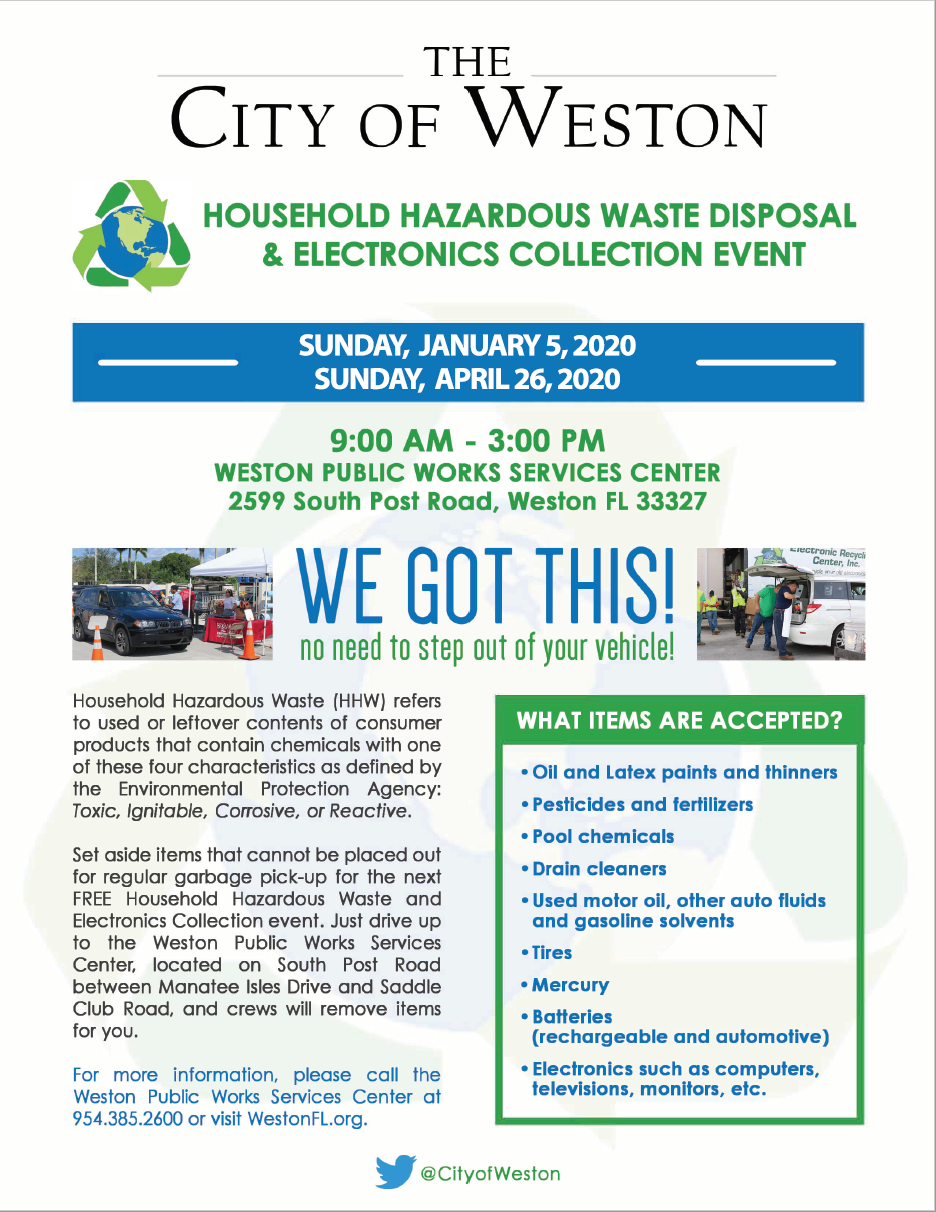 City of Weston Flyer for Household Hazardous Waste and Electronics Collection event with date, time, place, additional information and acceptable items (January & April 2020)