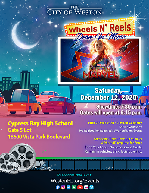 Wheels N' Reels Drive In Movie, Captain Marvel on December 12, 2020 at 7:30 p.m.