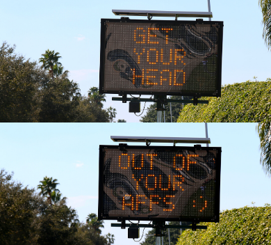 Image of two photos one on top of the other. Top photo is of a traffic message board with text that says, 