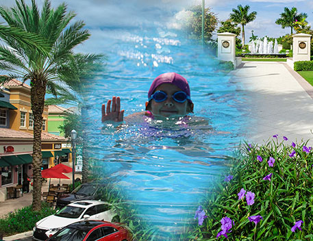 Collage of images including shops on Main Street, a young girl in a pool with a pink bathing cap on, and Town Center Park