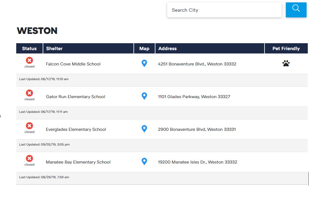 List of Hurricane Shelters in Weston for 2021