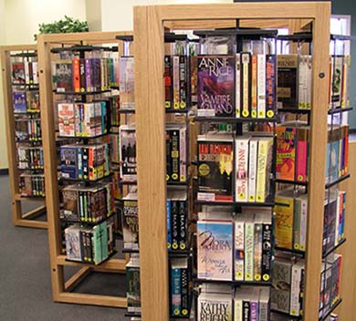 Books in book racks at the library