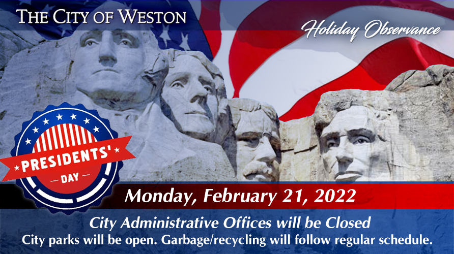 Graphic with Mount Rushmore and US Flag with information on City services on the Presidents' Day holiday.