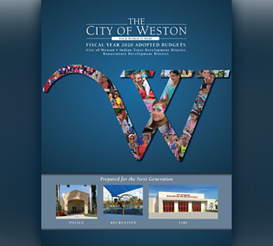 FY2020 Annual Comprehensive Financial Report featuring images of Weston facilities on the cover and a giant W filled with photos