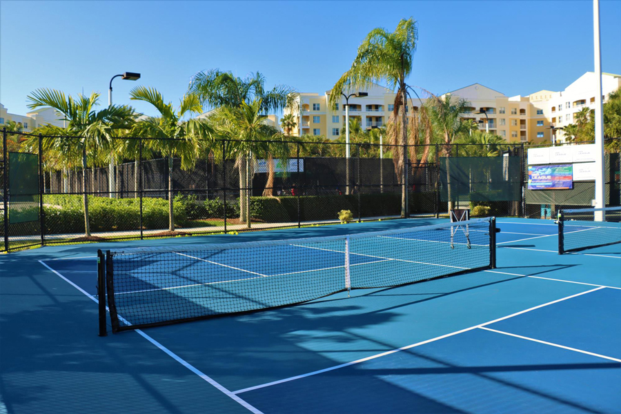 Blue Pickleball courts with green palm trees in the back.