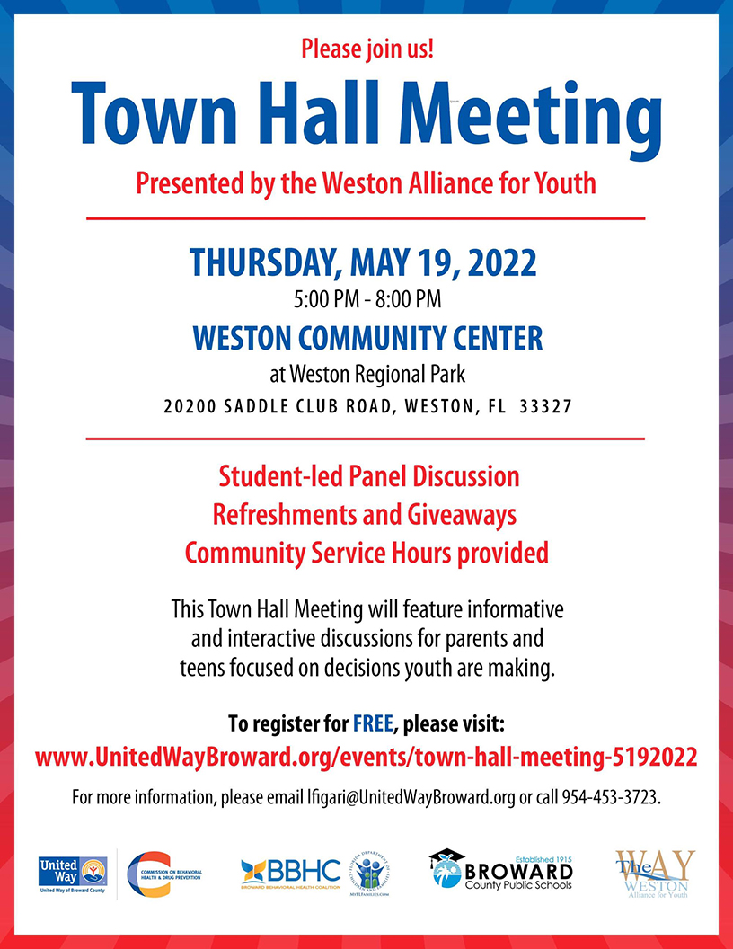 Town Hall Meeting flyer for the Weston Alliance for Youth May 19, 2022