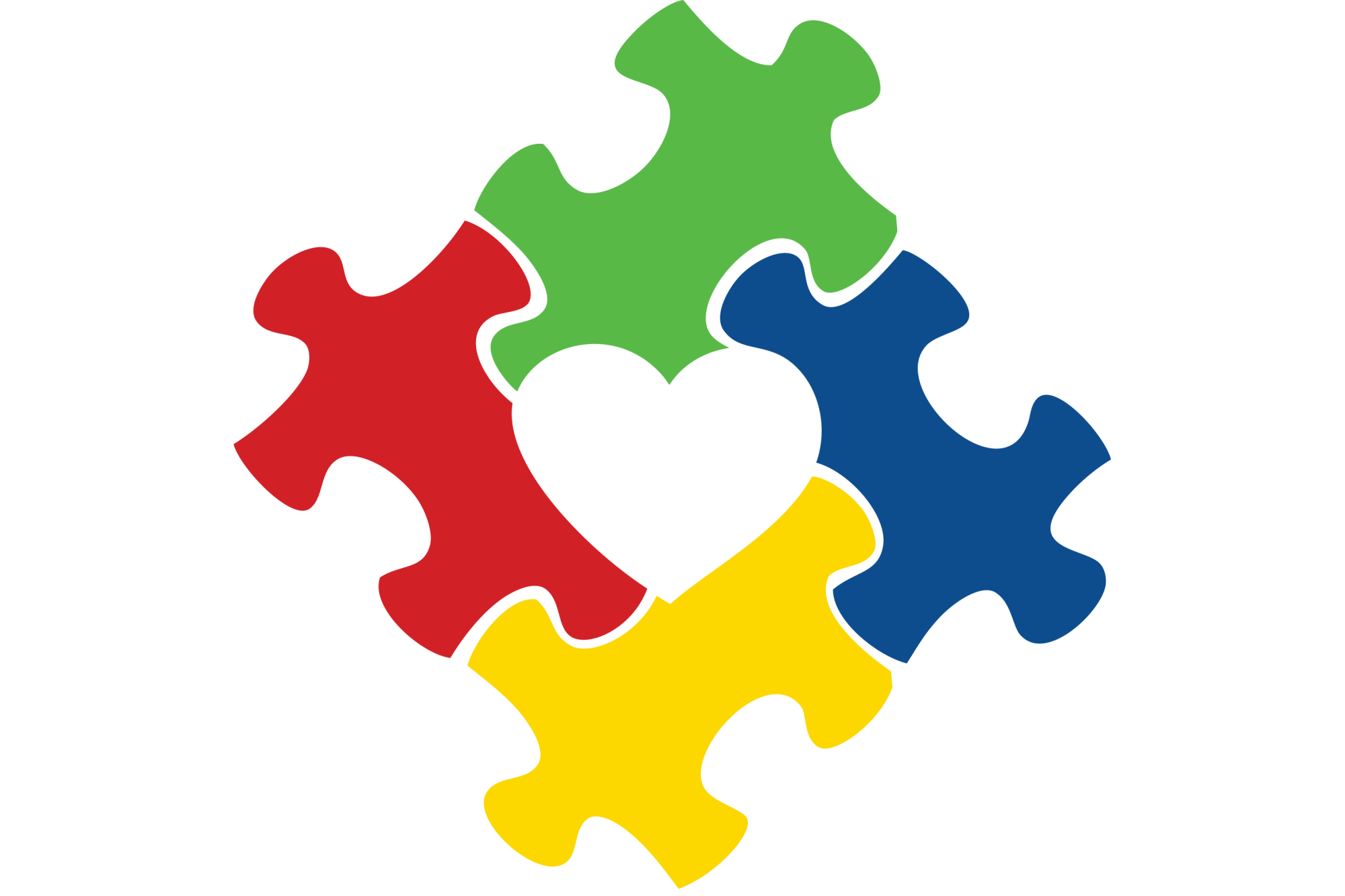 Four puzzle pieces form an open heart in the center, red green, yellow and blue