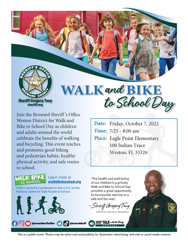 A flyer with photos of children walking to school and Sheriff Gregory Tony. Text about the BSO Weston Walk and Bike to School Day.