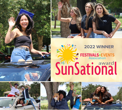 A collage of images from the CBHS Drive Thru graduation ceremony, featuring your people in and over cars. Logo for the FFEA Sunsational award.