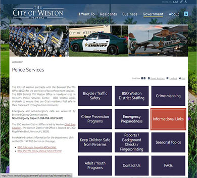 Police Services webpage overview with Informational Links highlighted