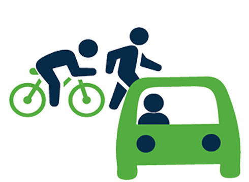 illustrated green and black car, biker and pedestrian