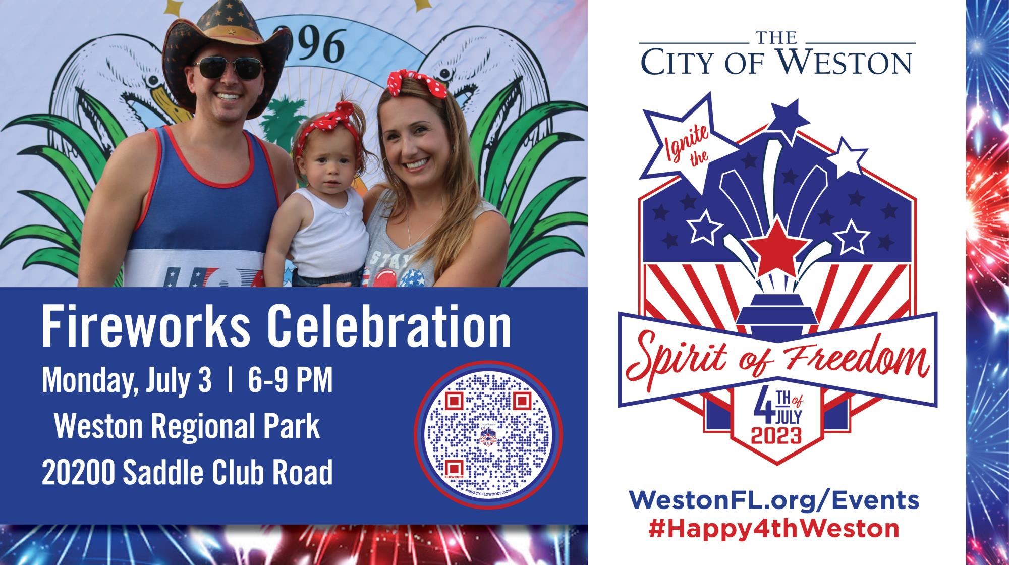 Flyer for 2023 Fireworks Celebration on July 3 at Regional Park from 6 to 9  p.m. with photo of family posting in front of a backdrop at last year's event