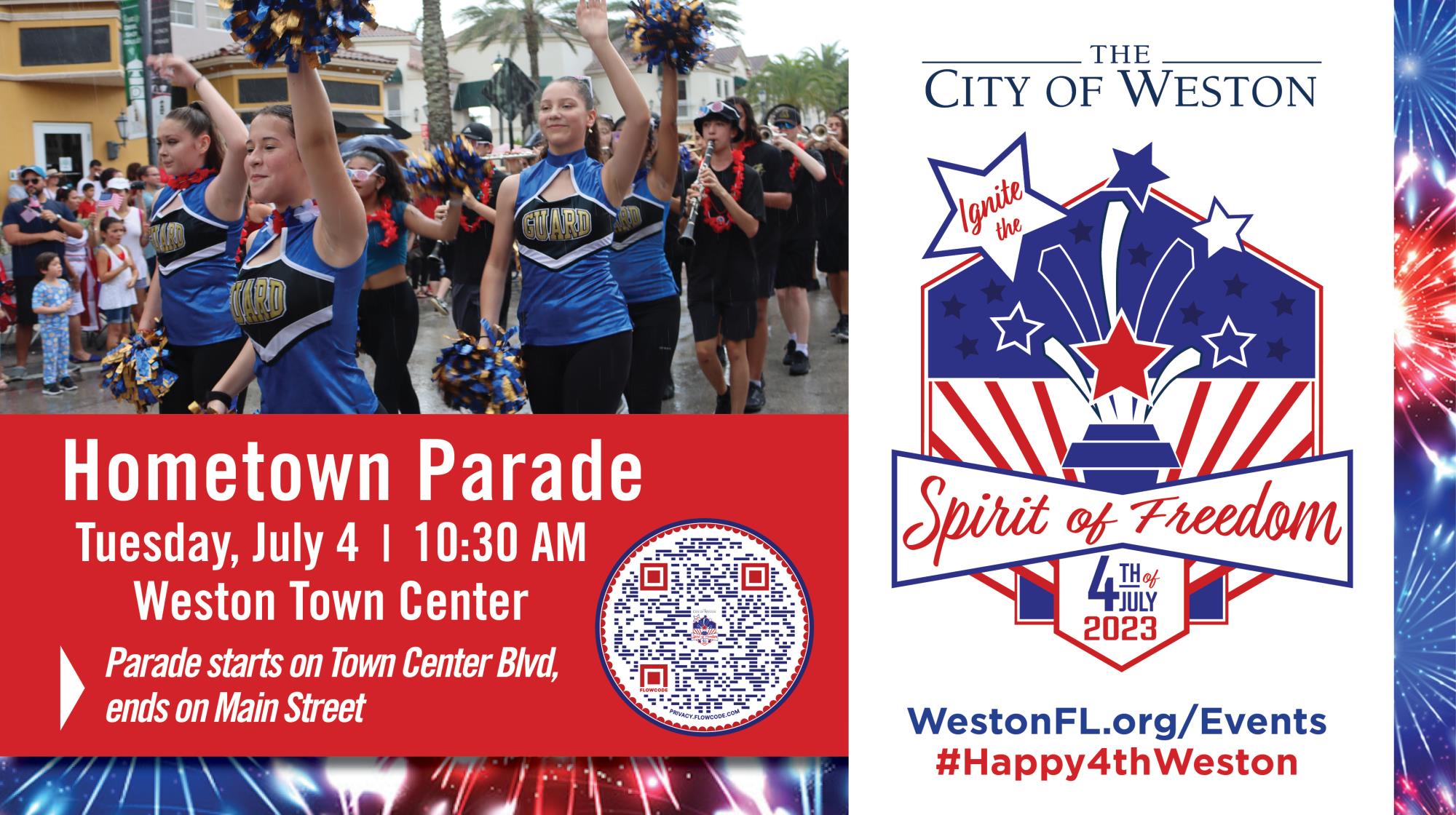 Flyer for 2023 Hometown July 4 Celebration Parade with photo of the color guard from the marching band of Cypress Bay High School