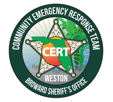 BSO CERT (Seal); Community Emergency Response Team logo with green circle, sheriff star and image of the State of FL, the words CERT and Weston