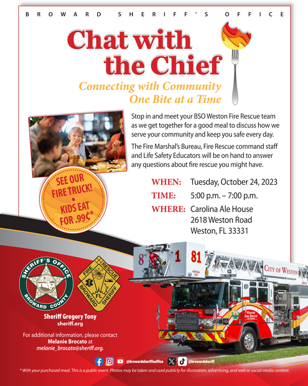 Flyer for Chat with the Chief hosted by BSO Weston Fire Rescue on October 24 2023 from 5 to 7 p.m. at Carolina Ale House