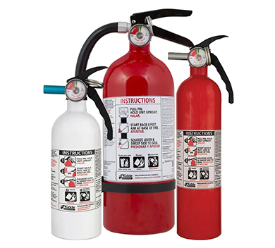 three fire extinguishers, two red and one white