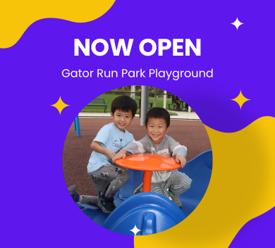 A purple and yellow background graphic with a circular photo of two boys on a playground.