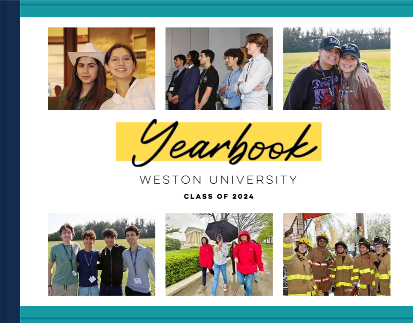 The cover of a memory book with six photos from Weston University sessions.