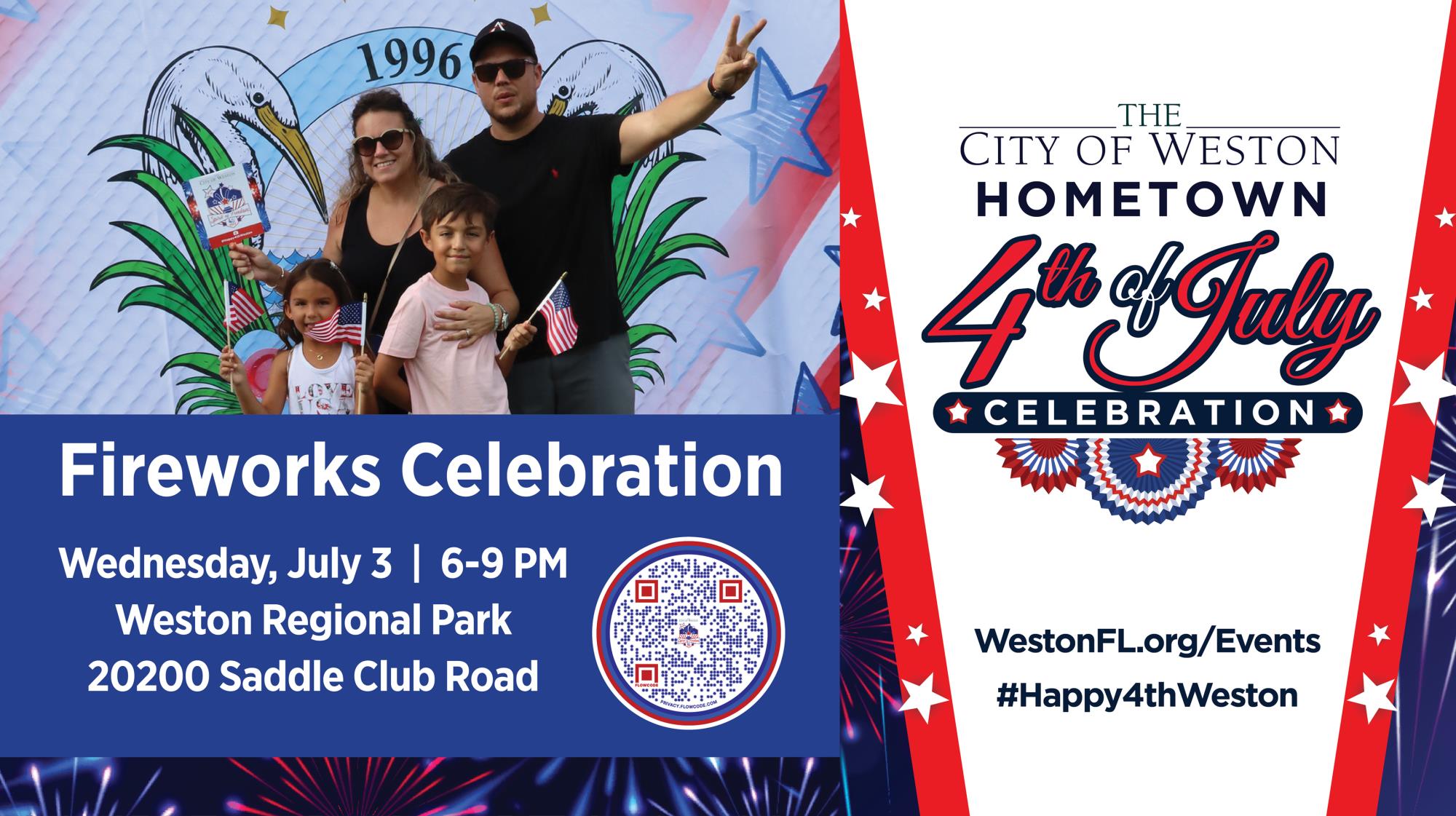 Photo of a family at a photo booth at the Weston Fireworks Celebration in 2023 included in the promotional flyer for the 2024 event to be held on on July 3