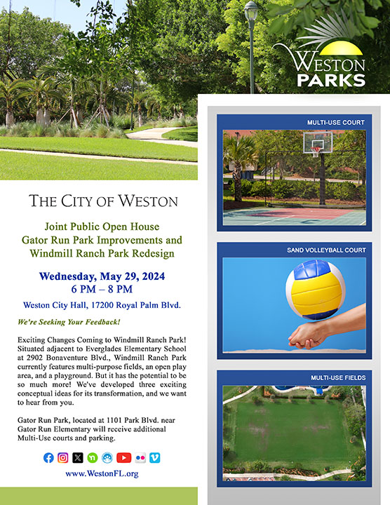 flyer for Parks Open House 5-29-24 on Windmill Ranch and Gator Run Park