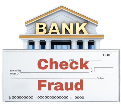 Bank and a blank check with Check Fraud text on it