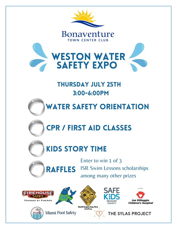 Weston Water Safety Expo flyer with Bonaventure Town Center Club and sponsor logos as well as time, date, and event details.