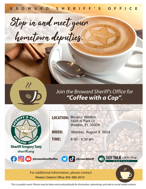 Coffee cup with BSO star in center - Flyer for Coffee with a Cop on 8-5-24 at Bonjour Bakery Weston