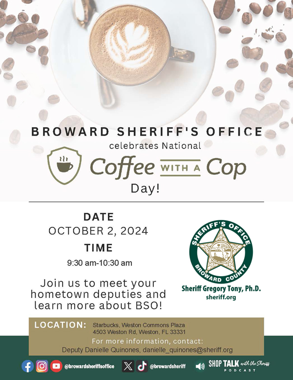 Image of a cup of coffee with a heart in the foam. BSO celebrate National Coffee with a Cop Day, Oct 2, 2024 at 9:30-10:30 am. Starbucks, Weston Commons Plaza