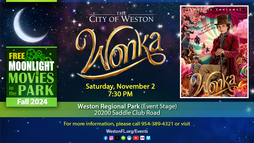 Image of the Willy Wonka on movie ad, promoting Wonka the movie in the park for 11-2-24