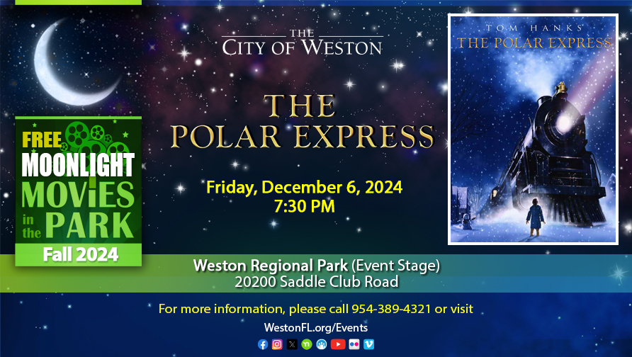 Polar Express movie image of a train at night in the snow, promoting Movie in the Park Dec 6, 2024 at 7:30 PM