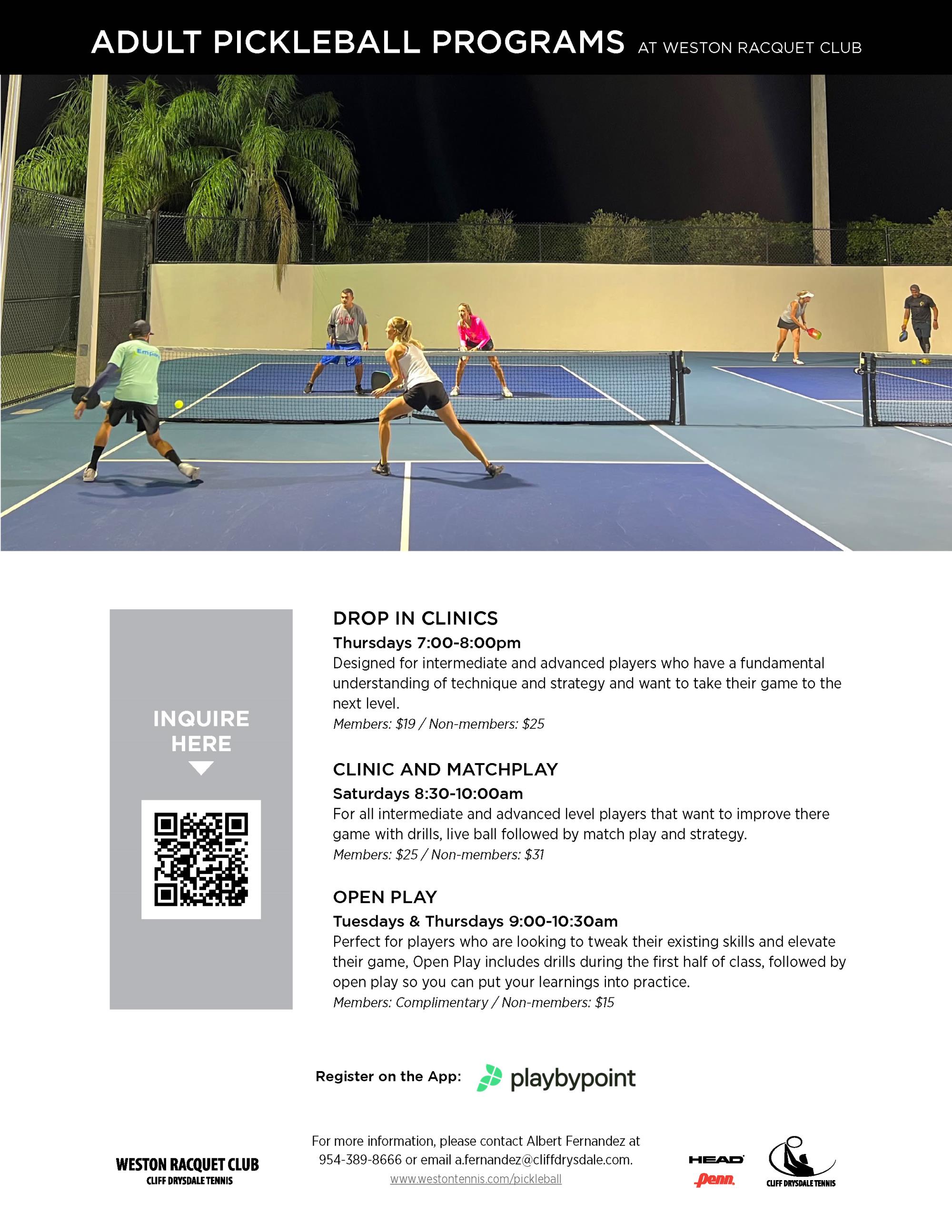 A flyer with a photo of a group of people playing Pickleball on a blue court and text about Pickleball programming.