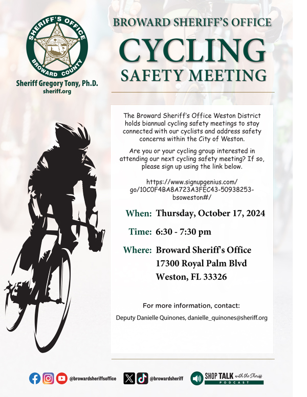 A flyer with a design of a cyclist and text box with details on the upcoming cycling safety meeting