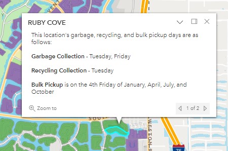 Map in background and a popup of information on Garbage, recycling and bulk pickup days