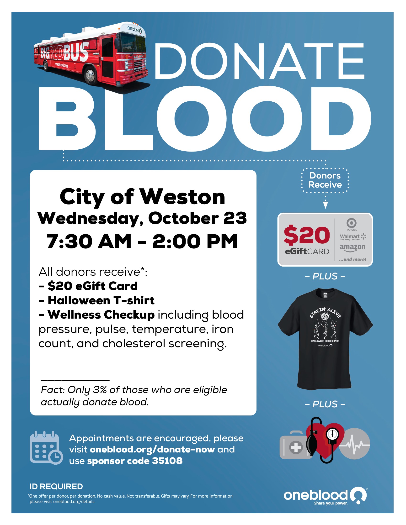 A blue flyer with a photo of a red bus and text about the blood donation event.